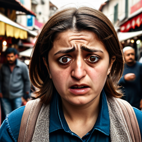 ** A stressed person realizing they lost their credit card in a busy Turkish street market. Focus on the worried expression and crowded background with vendors and shoppers.

**