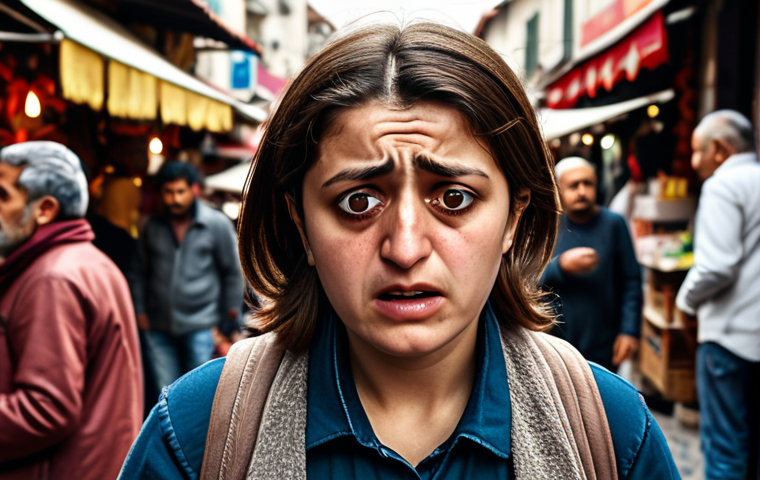 ** A stressed person realizing they lost their credit card in a busy Turkish street market. Focus on the worried expression and crowded background with vendors and shoppers.
**