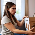 **

A frustrated woman on a video call with a customer service representative. She is holding a product box that is clearly damaged. The background shows a cluttered living room. The overall mood should be one of annoyance and determination to get a refund.

**