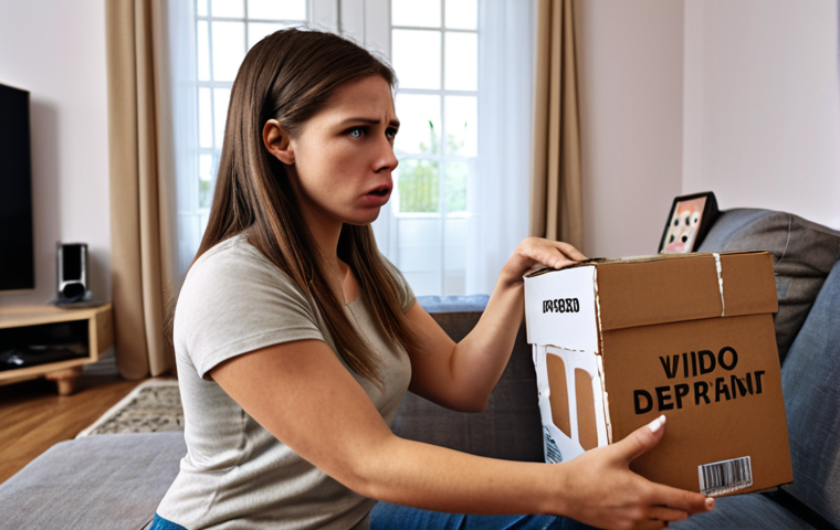 **
A frustrated woman on a video call with a customer service representative. She is holding a product box that is clearly damaged. The background shows a cluttered living room. The overall mood should be one of annoyance and determination to get a refund.
**