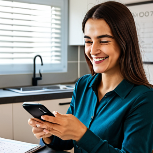 Home 19 **
"A woman smiling confidently while using a budgeting app on her phone in a modern Turkish home. She is casually dressed and relaxed. In the background, there's a calendar with payment reminders marked. The overall tone is positive and empowering, suggesting financial control and smart money management. Appropriate attire, family-friendly, safe for work, professional, perfect anatomy, natural pose."
**
